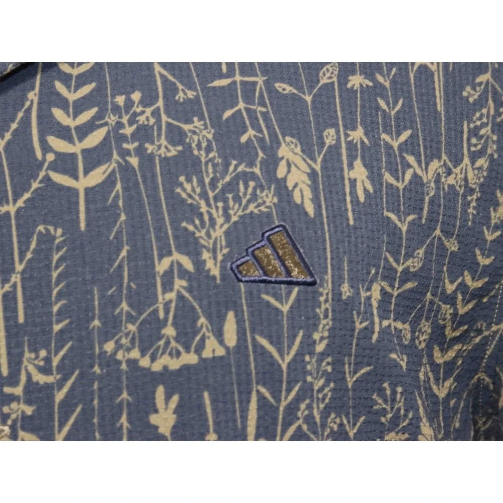 Adidas Go-To Camp Shirt Blue‎ Beige Button Front Short Sleeve Mens Size Large